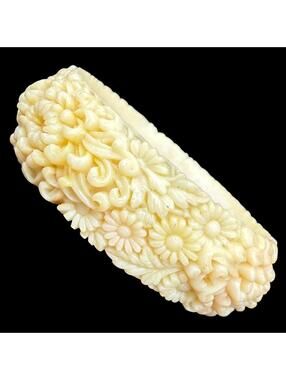 Vintage Cream Ivory Carved Celluloid Bangle Bracelet High Relief Floral Bracelet